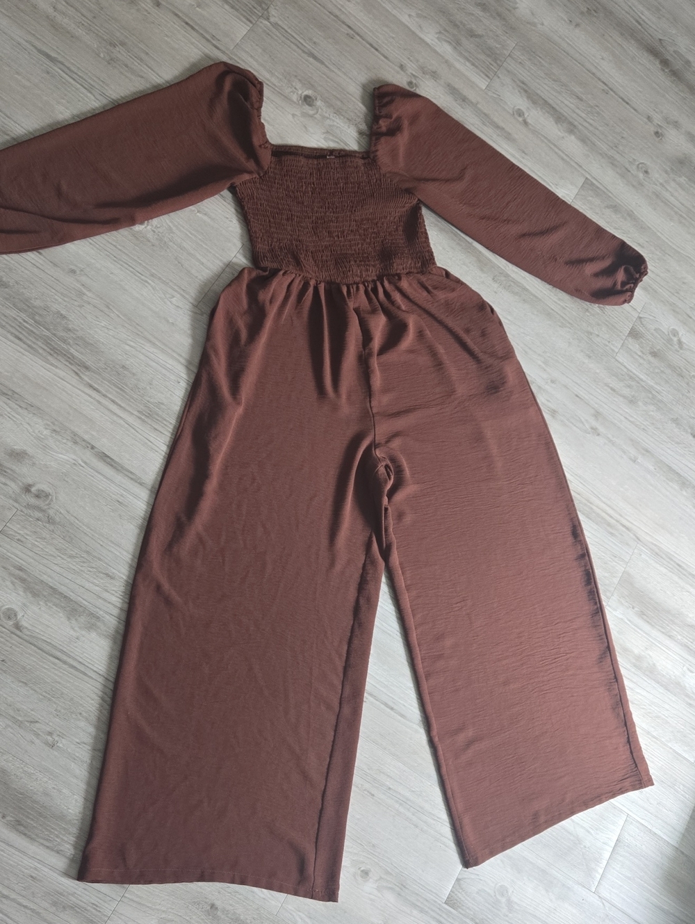 Smocked Square-Neck Wide-Leg Jumpsuit in Chestnut Brown